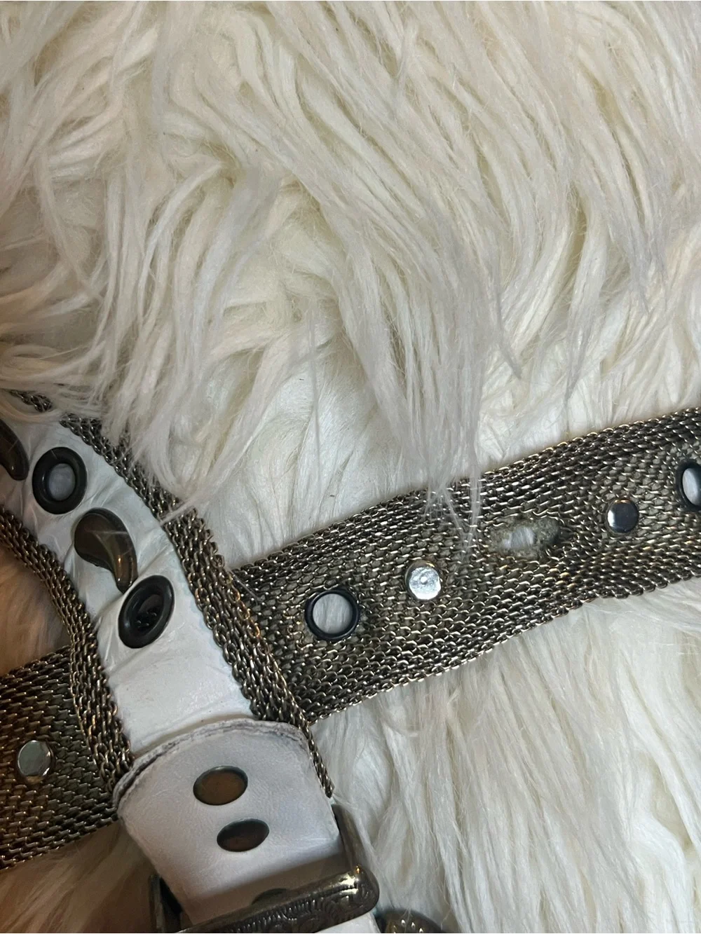 White & Antique Bronze Western Statement Belt with Chainmail Mesh paisley detail